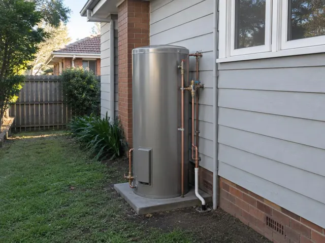 New hot water cylinder beside a weatherboard house and brick pillar in North Lambton
